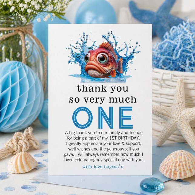 vatten blå fisk 1-års födelsedags tackkort! tack kort (water blue fish 1st birthday thank you card! card)