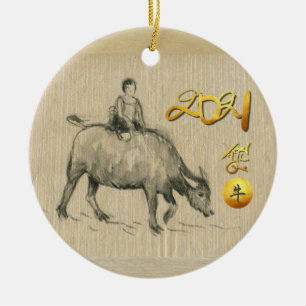 Vatten Buffalo Child Chinese Ox Year 2021 CRO CRO Julgransprydnad Keramik