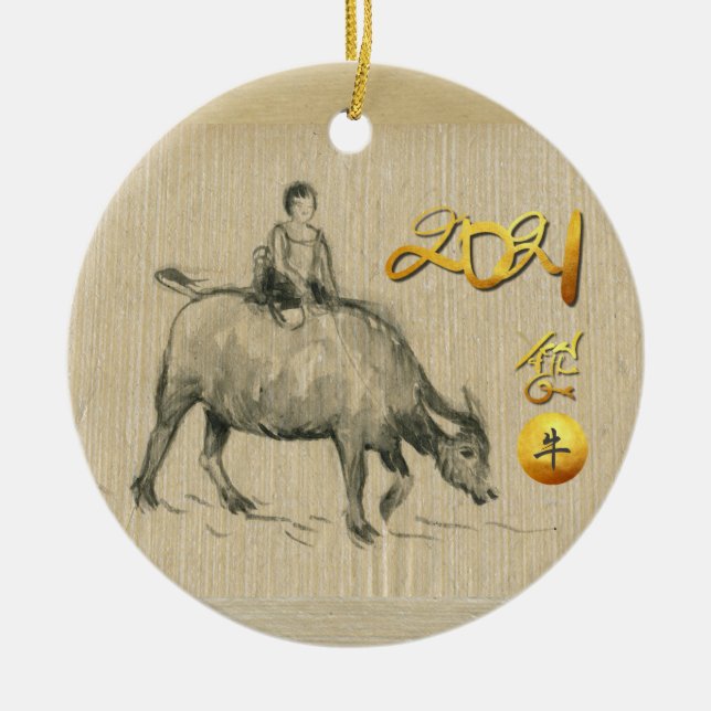 Vatten Buffalo Child Chinese Ox Year 2021 CRO CRO Julgransprydnad Keramik (Framsidan)