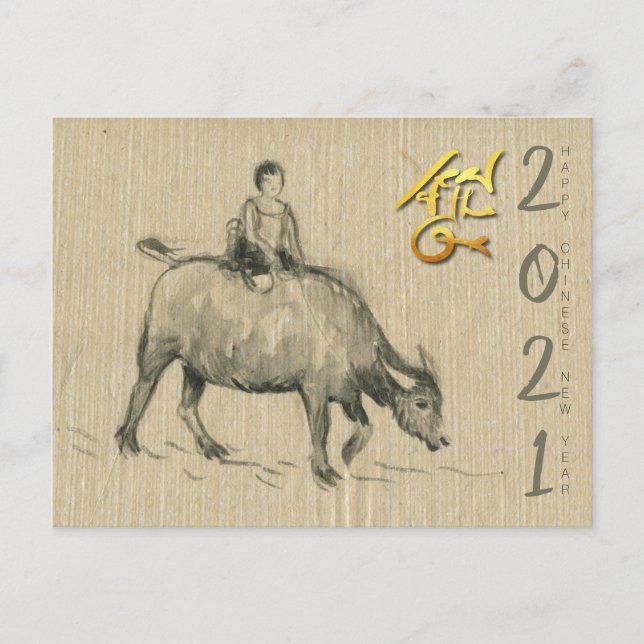 Vatten Buffalo Child Chinese Ox Year 2021 PostC Vykort (Framsida)