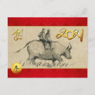 Vatten Buffalo Children Chinese Ox Year 2021 Card Inbjudan Vykort