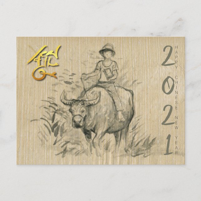 Vatten Buffalo Kid Chinese Ox Year 2021 PostC Vykort (Framsida)