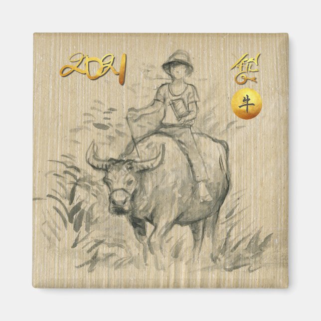 Vatten Buffalo Kid Chinese Ox Year 2021 SqRM Magn Magnet (Framsidan)