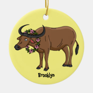 Vatten buffalo med illustration av blommornas teck julgransprydnad keramik