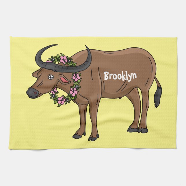 Vatten buffalo med illustration av blommornas teck kökshandduk (Horisontell)