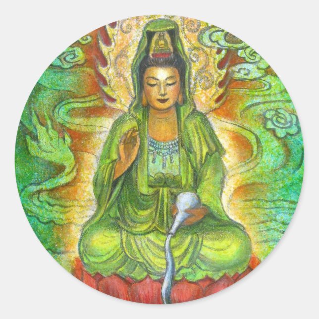 "Vatten Dragon" Kuan Yin Runt Klistermärke (Framsida)
