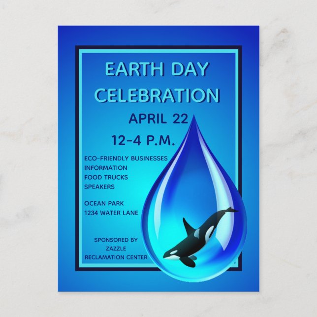 Vatten Drop och Orca Earth Day Notification Vykort (Framsida)