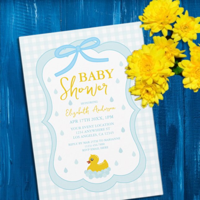 Vatten droppar Gingham Pojke Babyfirande Inbjudningar (Skapare uppladdad)