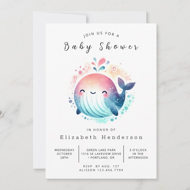 Vatten Editable Whale Baby Shower Inbjudningar (Framsida)