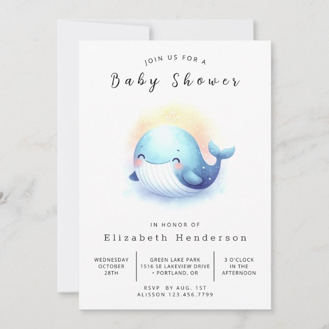 Vatten Editable Whale Baby Shower Inbjudningar (Framsida)
