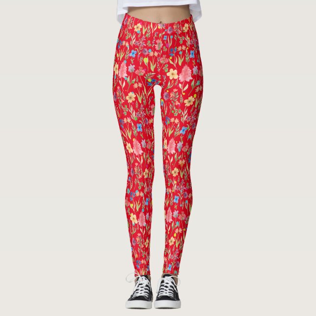 Vatten Färg Blommönster 01.bw Röd BG Leggings (Framsida)