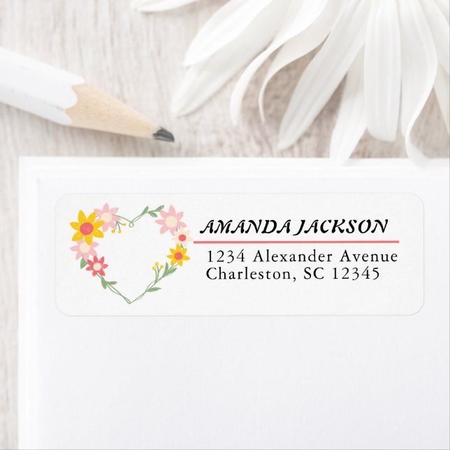 Vatten Färg Flowers Surround Heart Shape Returadress Etikett (Insitu)