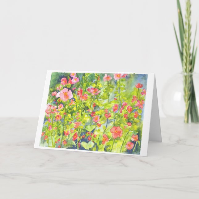 vatten färg målning av hollyhocks tack kort (Framsida)