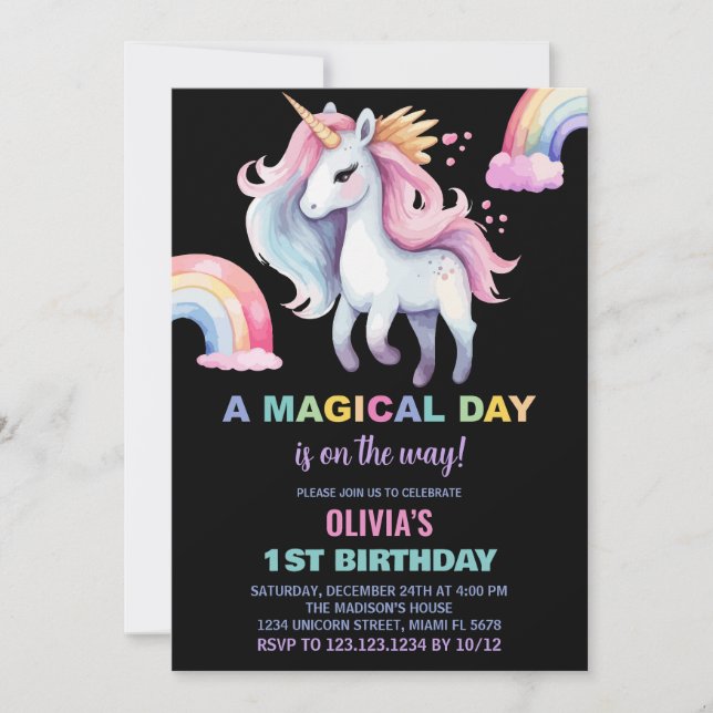 Vatten färg Rainbow Unicorn Birthday-inbjudningar Inbjudningar (Framsida)