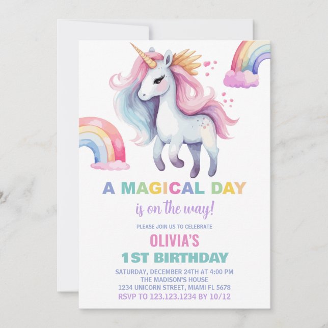 Vatten färg Rainbow Unicorn Birthday-inbjudningar Inbjudningar (Framsida)