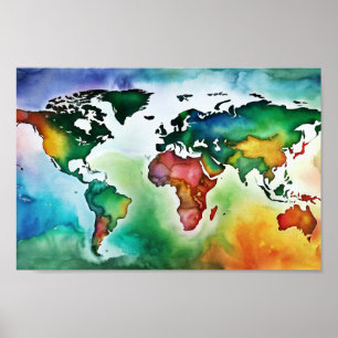 Vatten Färg Wall Art World Map Poster