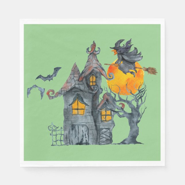 Vatten färg Witch och Pooky house Halloween Nap Pappersservett (Framsidan)