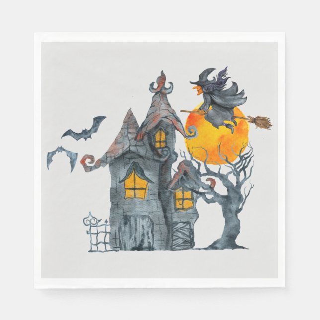 Vatten färg Witch och Pooky house Halloween Nap Pappersservett (Framsidan)