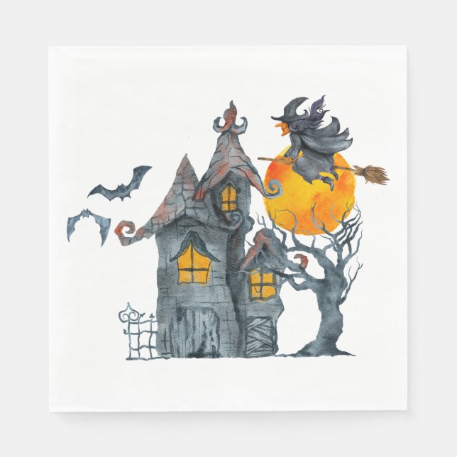 Vatten färg Witch och Pooky house Halloween Pappersservett (Framsidan)