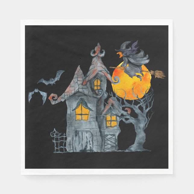 Vatten färg Witch och Pooky house Halloween Pappersservett (Framsidan)