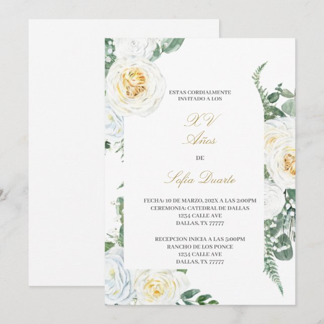 Vatten färgad Quinceanera inbjudan på spanska (Fram/baksida)