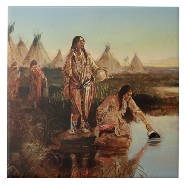 "Vatten for Camp" Cowboy Art av Charles Russell Kakelplatta (Framsidan)