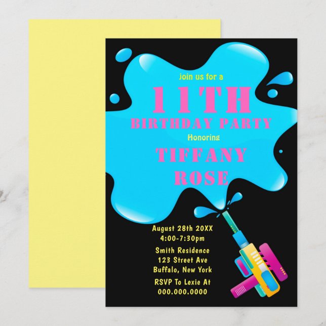 Vatten Gun Stänk Girl 11:e Födelsedagsfesten Inbju (Fram/baksida)