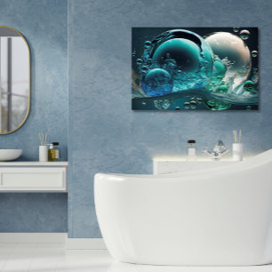 Vatten i Rörelse: Vågrät Teal & White Bubbles Canvastryck