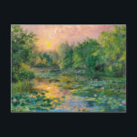 Vatten Lilies by Claude Monet, Sunset, Colorful Vykort<br><div class="desc">En vacker illustration av Claude Monets ikoniska målning, Vatten Lilies. Konstruktionen omfattar vibrerande färg av vatten, en serendamm, himmel är en vacker blandning av mjuka pinkar och orangar, med ett gyllene sol vid horisonten. Vatten yta återspeglar det vibrerande färg. Konstruktionens allmänna atmosfär är lugn och lugn, och den fångar det...</div>