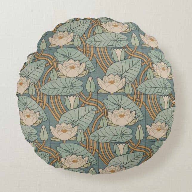 Vatten Lilies Lily Art nouveau Nature Rund Kudde (Framsidan)