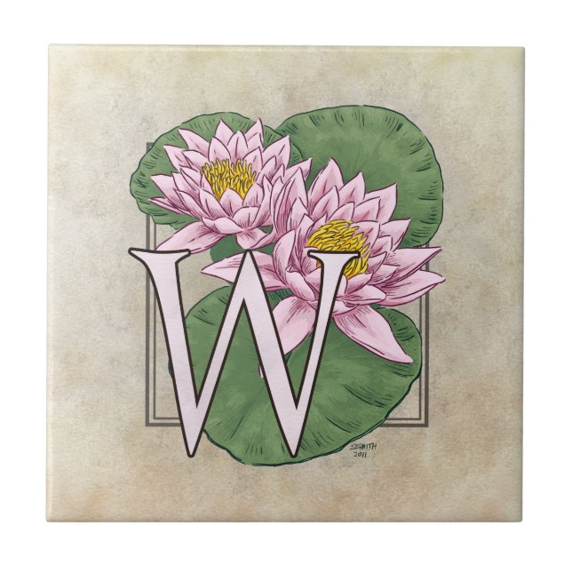 Vatten Lily Flower Blommigt Monogram Art Kakelplatta (Framsidan)