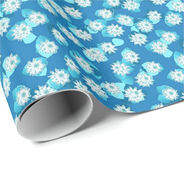 Vatten Lily mönster, turkos, blått och vitt Presentpapper (Rullad Hörn)