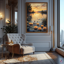 Vatten Lily Pond vid Sunset i Impressionist Stil Poster