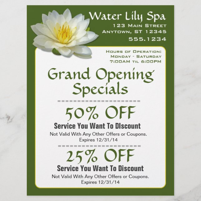 Vatten Lily Spa Coupon Flyer (Framsidan)