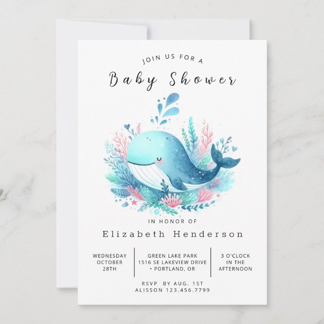 Vatten Online Whale Baby Shower Inbjudningar (Framsida)