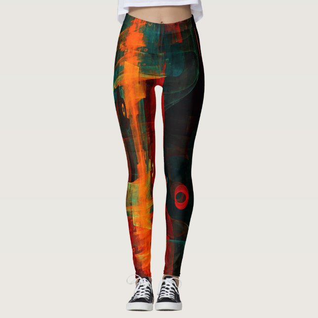 Vatten Orange Red Blue Modern Abstrakt Art Mönster Leggings (Framsida)