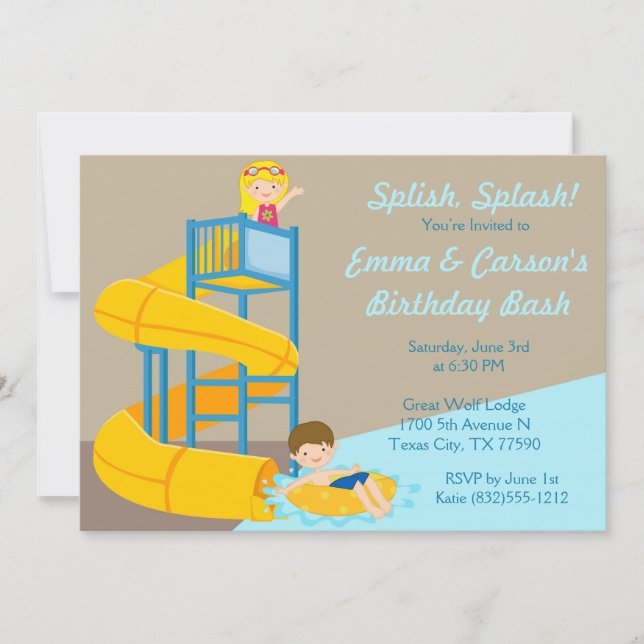 Vatten Park Birthday Kids Vatten Slide Bassäng Par Inbjudningar (Framsida)