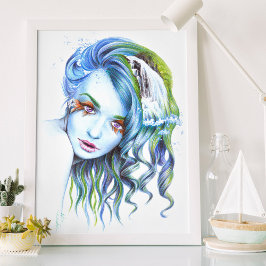 Vatten Sjöjungfru  Surreal fantasy porträtt art Poster