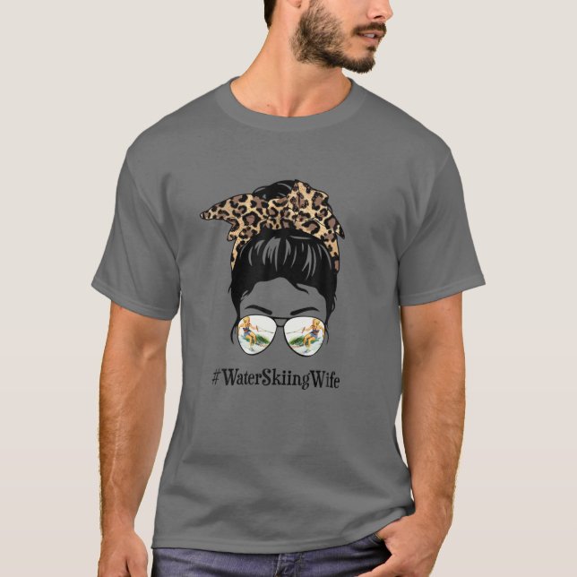 Vatten Skiing Maka Messy Hair Bun Leopard Women lä T Shirt (Framsida)