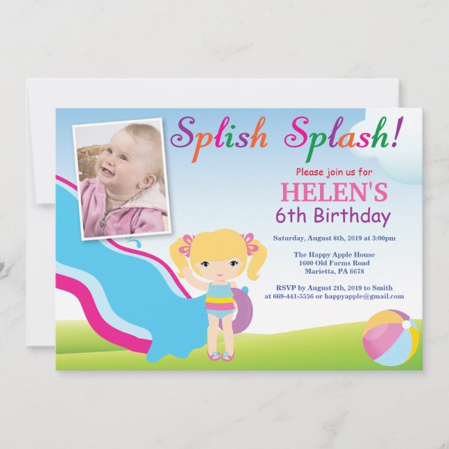 Vatten Slide Bassäng Party födelsedag-flicka Inbjudningar (Framsida)