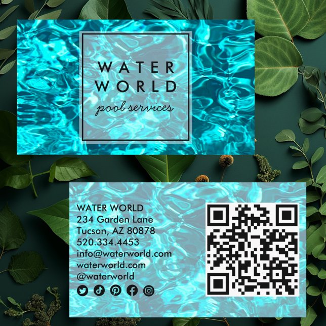 Vatten Sparkles Swimming Bassäng Service Photo QR- Visitkort (Pool sparkles photography custom business cards. Social media icons and Qr code)