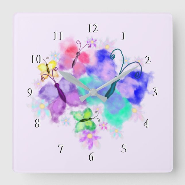 Vatten Spegel Butterflies Wall Clock - Färskt Vår Fyrkantig Klocka (Framsida)