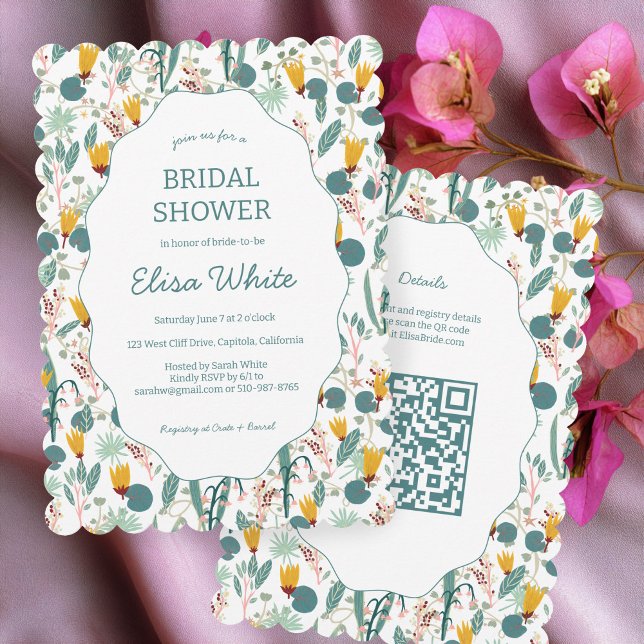 Vatten Trädgård Blommig Bröllopsfest Söt ANPASSAD  Inbjudningar (Water Garden Floral Bridal Shower Cute CUSTOM QR Code Scalloped Invitation
)
