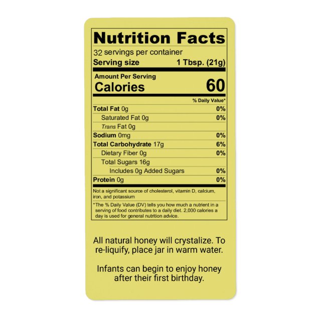 Vatten White Honung Burk Nutrition Facts Labels Fraktsedel (Framsidan)
