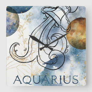 Vattenarius zodiac blue black guld textplaneter fyrkantig klocka
