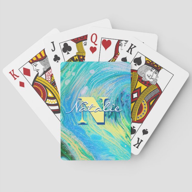 Vattenblått akrylflödeskonst casinokort (Baksidan)