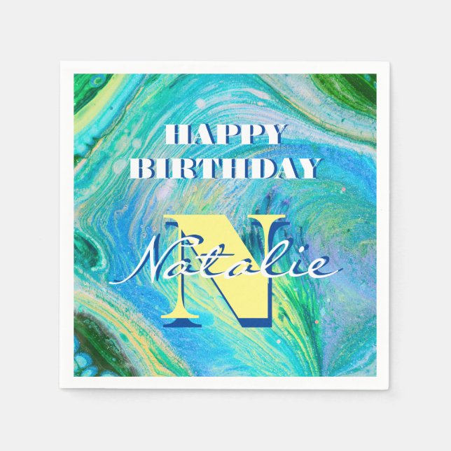 Vattenblått akrylflödeskonst pappersservett (Framsidan)