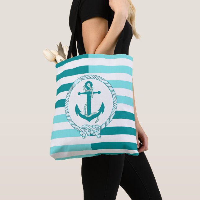 Vattenblått ankare (Nautical aqua blue frakt ancho Tygkasse (Närbild)