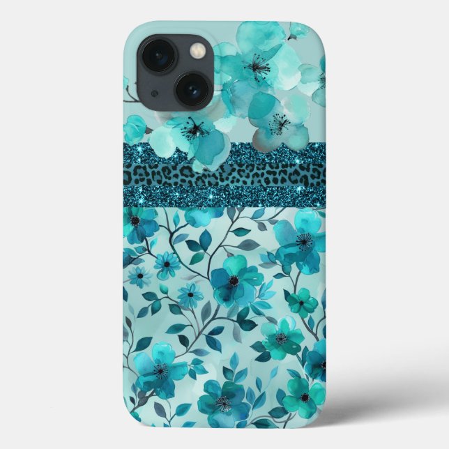 Vattenblått blommigt faux glitter (Baksida)