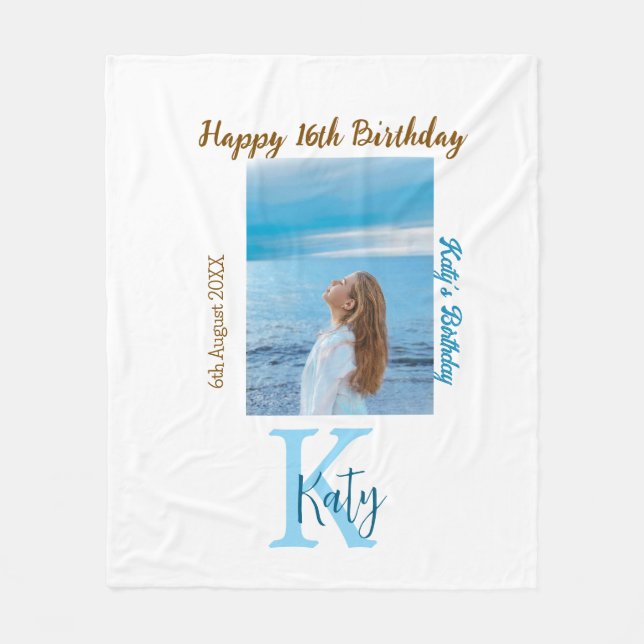 Vattenblått brunt lycklig 16-årsfoto namn fleecefilt (Framsidan)